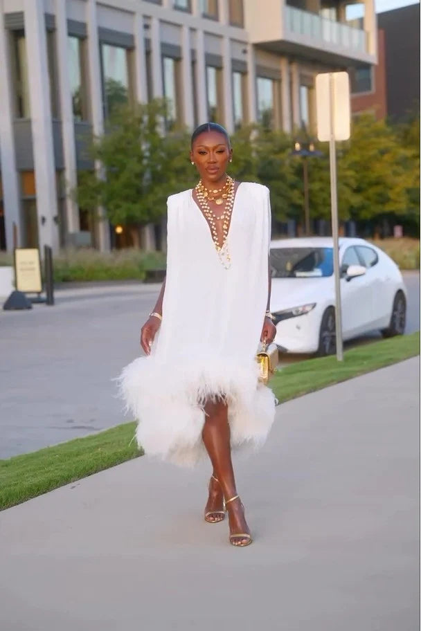 Adrielle | Elegant Sleeveless White Feather Patchwork Irregular Hem Midi Dress