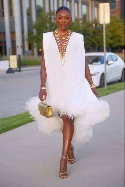 Adrielle | Elegant Sleeveless White Feather Patchwork Irregular Hem Midi Dress