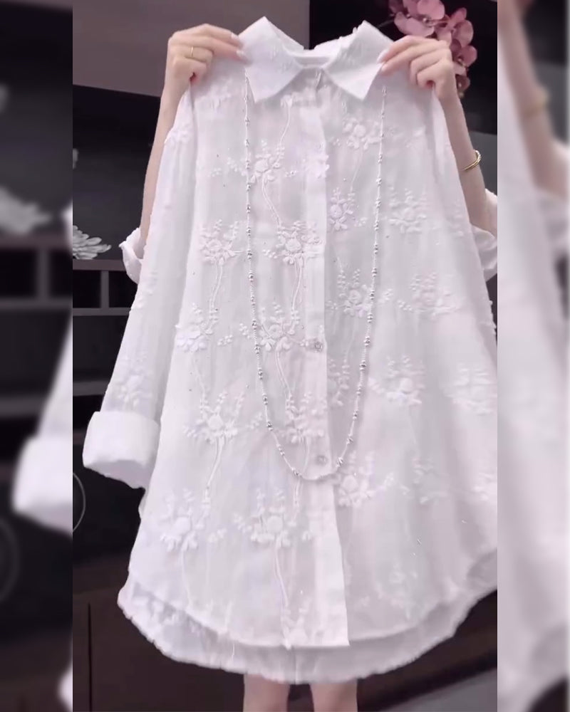 Angelica | Embroidered Solid Color Shirt with Dropped Shoulders