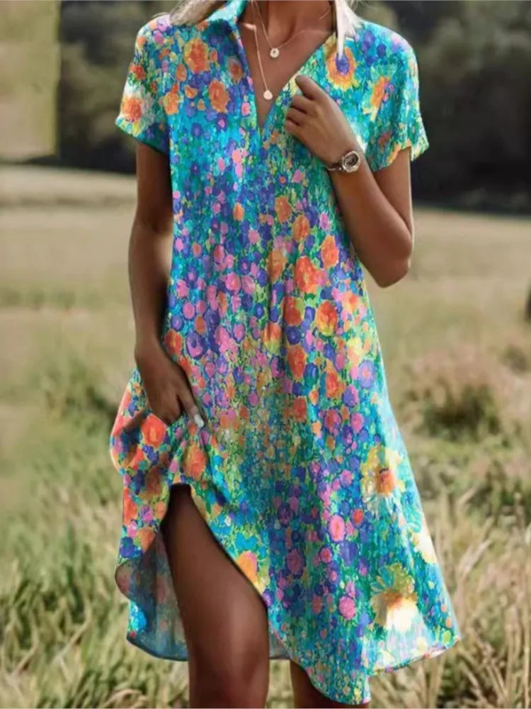 Addison | Stylish V-neck Buttoned Floral Dress