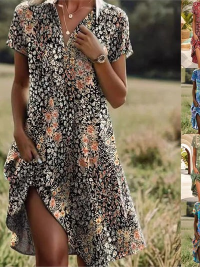 Addison | Stylish V-neck Buttoned Floral Dress