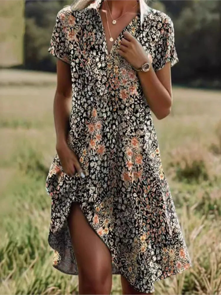 Addison | Stylish V-neck Buttoned Floral Dress