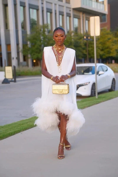 Adrielle | Elegant Sleeveless White Feather Patchwork Irregular Hem Midi Dress