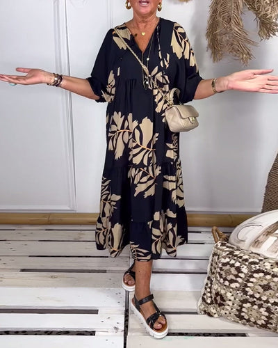 Makayla | Relaxed Black Dress With Golden Leaf Print